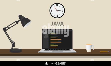 learn learning java programming with laptop and code on the computer vector graphic illustration Stock Vector
