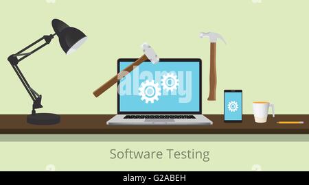 software testing illustration with laptop and gear and hammer illustrated to test the software vector graphic illustration Stock Vector