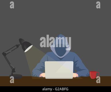 programmer hacker working on front of his laptop writing code in the middle of night vector graphic illustration Stock Vector