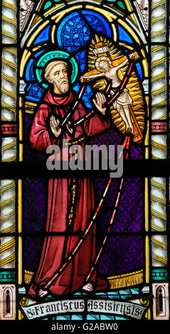 LIER, BELGIUM - MAY 16, 2015: Stained Glass window in St Gummarus Church in Lier, Belgium, depicting St Francis of Assisi Stock Photo