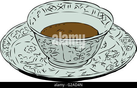 Hand drawn illustration of antique 18th century teacup and saucer full with coffee Stock Photo