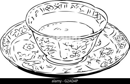 Outlined illustration of antique 18th century teacup and saucer full with coffee Stock Photo