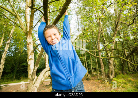 Smiling boy (6-7) hanging on tree Stock Photo