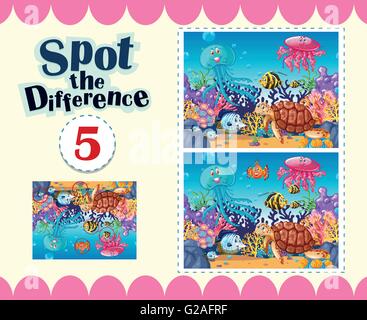 Game template of spot the difference underwater illustration Stock Vector