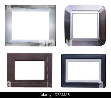 Four modern picture frames pack,silver,aluminum,leather and plastic. Stock Photo