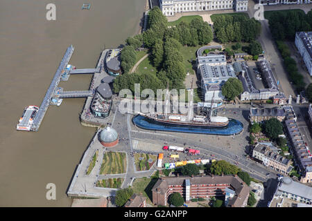 An aerial view of the Cutty Sark a tea clipper and now tourist attraction in Greenwich, London Stock Photo