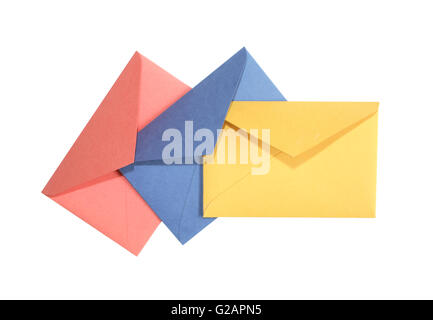 Three colored open envelopes on white background. Clipping path is included Stock Photo