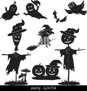 Halloween cartoon, set black silhouette Stock Vector