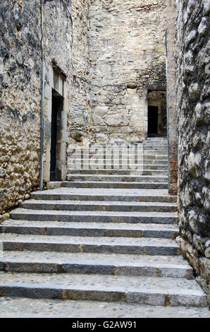 Girona, Spain, Walls of stepped street in Old Town Stock Photo