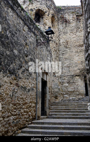 Girona, Spain, Walls of stepped street in Old Town Stock Photo