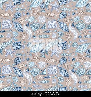 Seamless sketch marine texture in blue, purple and beige colors with ocean animals and waves hand-painted outline illustrations Stock Vector