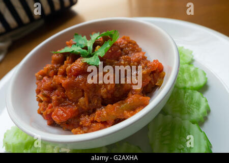 Nam Prik Ong, Thai Northern Style minced Pork and Tomato Relish paste dip. very famous spicy yummy hot chilli pepper paste sauce Stock Photo