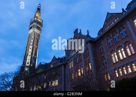 Belfry of the Town Hall in Lille in France in the evening Stock Photo