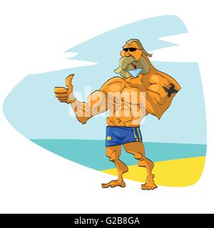 Muscular bearded guy with sunglasses on a beach vacation, drinking a cocktail during the summer time. Stock Vector