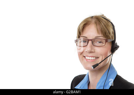 Mature business worker wearing a headset, isolated on white, with copy space Stock Photo