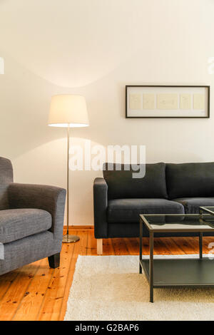 Wisbyer Strasse 59. View of the corner of the living room with modern furniture, including sofa, chair and coffee table. Framed print hanging above couch. Stock Photo