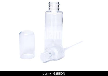 Open small size plastic spray tube container isolated on white studio background Stock Photo
