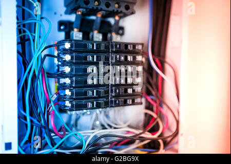 Electric outdoor fuse box in soft light . Stock Photo