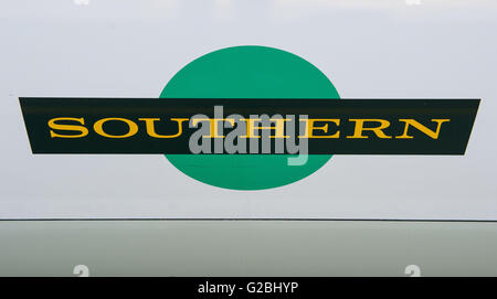 A Southern rail logo at Honor Oak Park station, in London, as the train company at the centre of a bitter dispute over staffing is being allowed by the Government to make thousands more cancellations under an amendment to its franchise, a leading union has claimed. Stock Photo