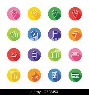 [EPS10] white line travel icon set on colorful circle with shadow for web design, UI, infographic and mobile apps Stock Vector
