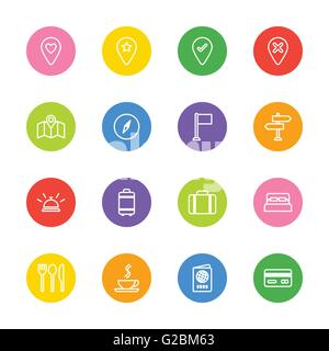 [EPS10] white line travel icon set on colorful circle for web design, UI, infographic and mobile apps Stock Vector