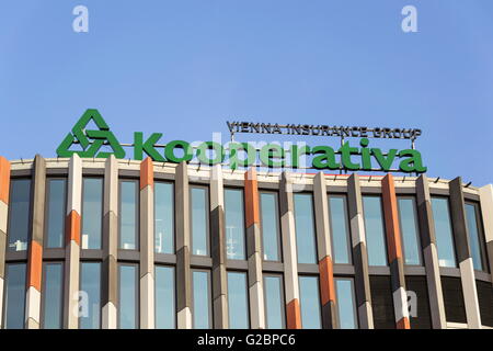 PRAGUE, CZECH REPUBLIC - MARCH 31: Kooperativa - Vienna Insurance group logo on the Main Point Karlin building of the Czech head Stock Photo