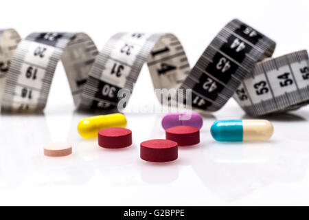 Color Pills for Diet With Measuring Tape on White Background Stock Photo