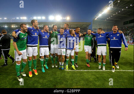 Northern Ireland players during a celebration send-off before the players leave for Euro 2016 after the International Friendly at Windsor Park, Belfast. Stock Photo