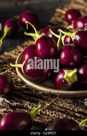 Organic Raw Baby Indian Eggplants in a Bowl Stock Photo