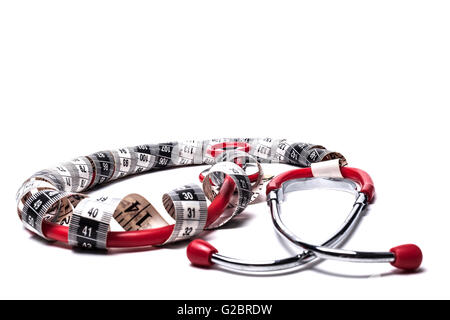 Red Stethoscope With Black Measuring Tape Isolated on White Stock Photo