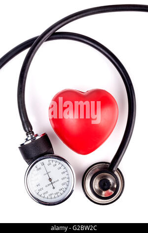 Black Stethoscope with red heart Close-up Isolated On White Background Stock Photo