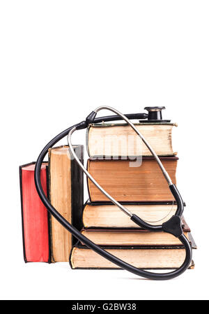 Old Books Black Stethoscope Isolated on White Background Stock Photo