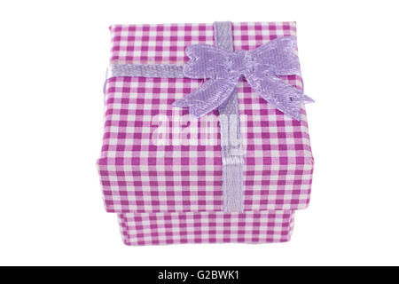 Pink jewelry ring cardboard box with pattern and ribbon isolated on white background Stock Photo