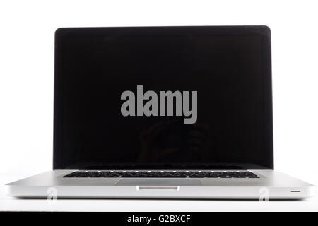 Silver laptop front vies with blanck black screen isolated on white background Stock Photo