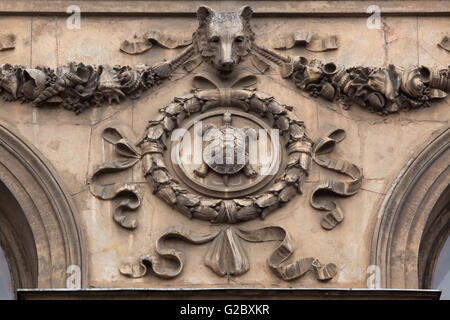 Sea turtle placed inside the laurel wreath depicted on east facade of the National Museum on Wenceslas Square in Prague, Czech R Stock Photo