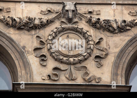 Sea fish placed inside the laurel wreath depicted on east facade of the National Museum on Wenceslas Square in Prague, Czech Rep Stock Photo