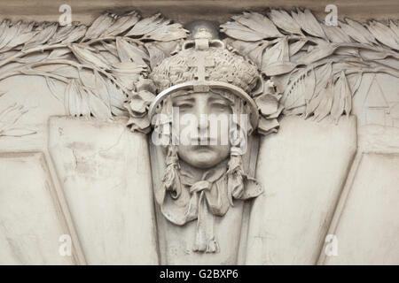 Allegorical mascaron dedicated to European Railways on the Art Nouveau building of the Main Railway Station in Prague, Czech Rep Stock Photo