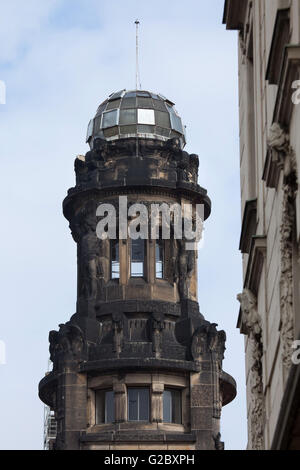 Tower of the Art Nouveau building of the Main Railway Station in Prague, Czech Republic. Art Nouveau station building designed b Stock Photo