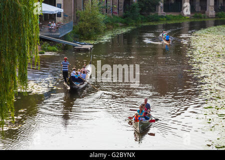 Gondola, canoeists and rowers on the Karl-Heine Canal, Plagwitz, Leipzig, Saxony, Germany Stock Photo