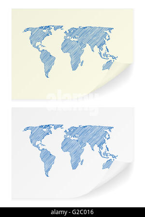 Sketch scribble world map drawn on checkered school notebook paper ...