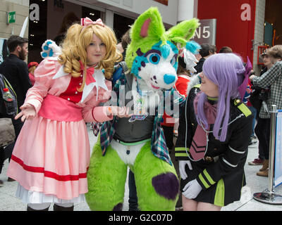 London, UK. 28 May 2016. Cosplayers gather at Excel. The MCM ComicCon  takes place at Excel Exhibition Centre until Sunday, 29 May. Stock Photo