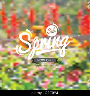 Spring Sale Design With Floral Blurred Background. Stock Vector