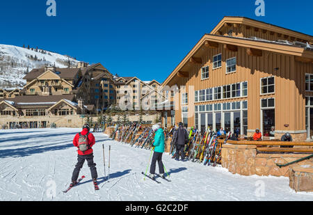 Utah, Park City, Deer Valley Resort, Empire Canyon Lodge,  Montage Hotel and Residences in background Stock Photo