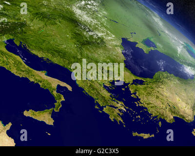 Greece with surrounding region as seen from Earth's orbit in space. 3D illustration with highly detailed realistic planet surfac Stock Photo