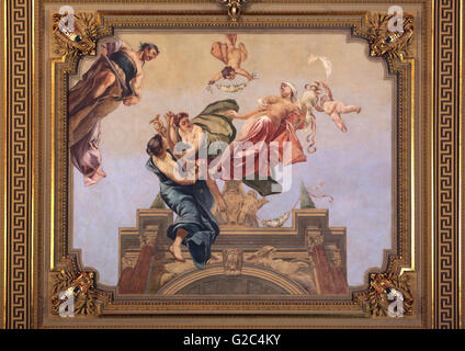 Allegorical ceiling painting by Czech painter Adolf Liebscher from the 1890s in the Mayakovsky Hall of the National House of Vinohrady in Prague, Czech Republic. The main hall of the National House of Vinohrady was named after Russian poet Vladimir Mayakovsky who performed here in 1927. Stock Photo