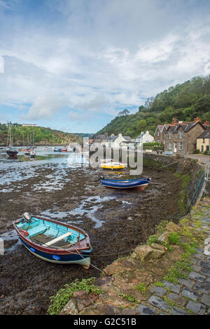 The little fishing harbour village of Lower Fishguard, or Abergwaun, on the Pembrokeshire Coast National Path coastline Wales Stock Photo