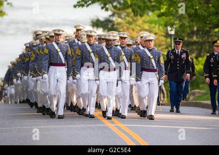 U.S Army cadets march together to the commencement ceremony at the West Point Military Academy May 21, 2016 in West Point, NY. Vice President Joe Biden was the commencement speaker. Stock Photo