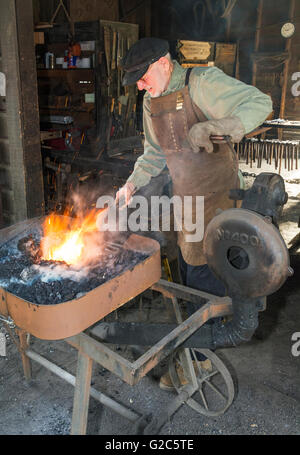 California, Coloma, Marshall Gold Discovery State Historic Park, blacksmith heating metal in forge Stock Photo
