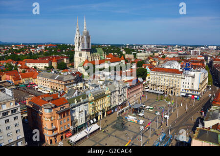 General city skyline view with Zagreb Cathedral and Ban Jelacic Square in Zagreb, Croatia Stock Photo