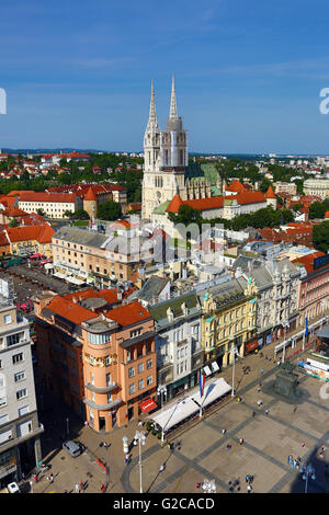 General city skyline view with Zagreb Cathedral and Ban Jelacic Square in Zagreb, Croatia Stock Photo